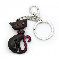 Key Chain - Black Cat w/ Fuchsia Stones -KC-XL1055FU